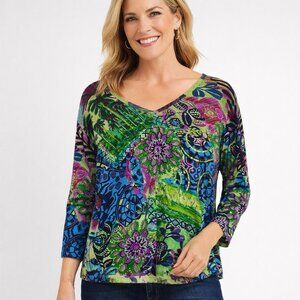 Le Mieux Studio L Sequin Floral Tropical Top Boho Cotton Rayon Artsy Colorful